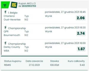 Typy najlepszych typerów BETFAN (27.12) 1 Kupon gracza BETFAN - najlepsi typerzy (27.12)